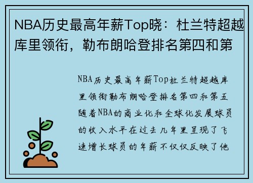 NBA历史最高年薪Top晓：杜兰特超越库里领衔，勒布朗哈登排名第四和第五